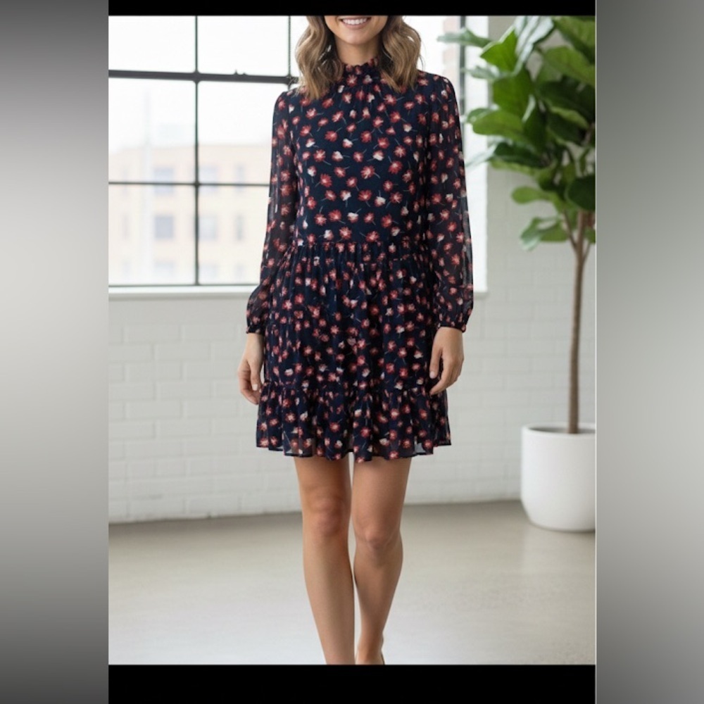 Maison Tara navy floral chiffon high neck ruffle bottom dress size 8